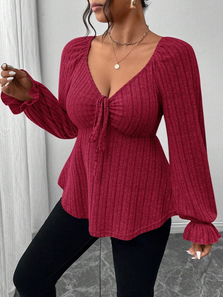 SHEIN Frenchy Plus Size Autumn Casual Long-Sleeved Women's Clothing, Tie On The Chest, Soft And Comfortable Fabric, Beautiful T-Shirt For Home And Outing ,Solid Color Heart-Shaped Collar Ruffle Hem Long Sleeve T-Shirt - Burgundy - View 7
