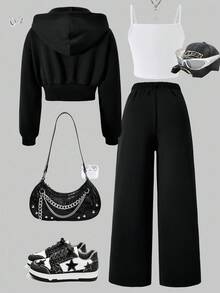 Sparklyn 3件套少女纯色保暖连帽拉链衫、吊带背心和阔腿裤休闲套装，适合日常穿着、通勤和秋冬季上学。 - 黑色 - 查看 2