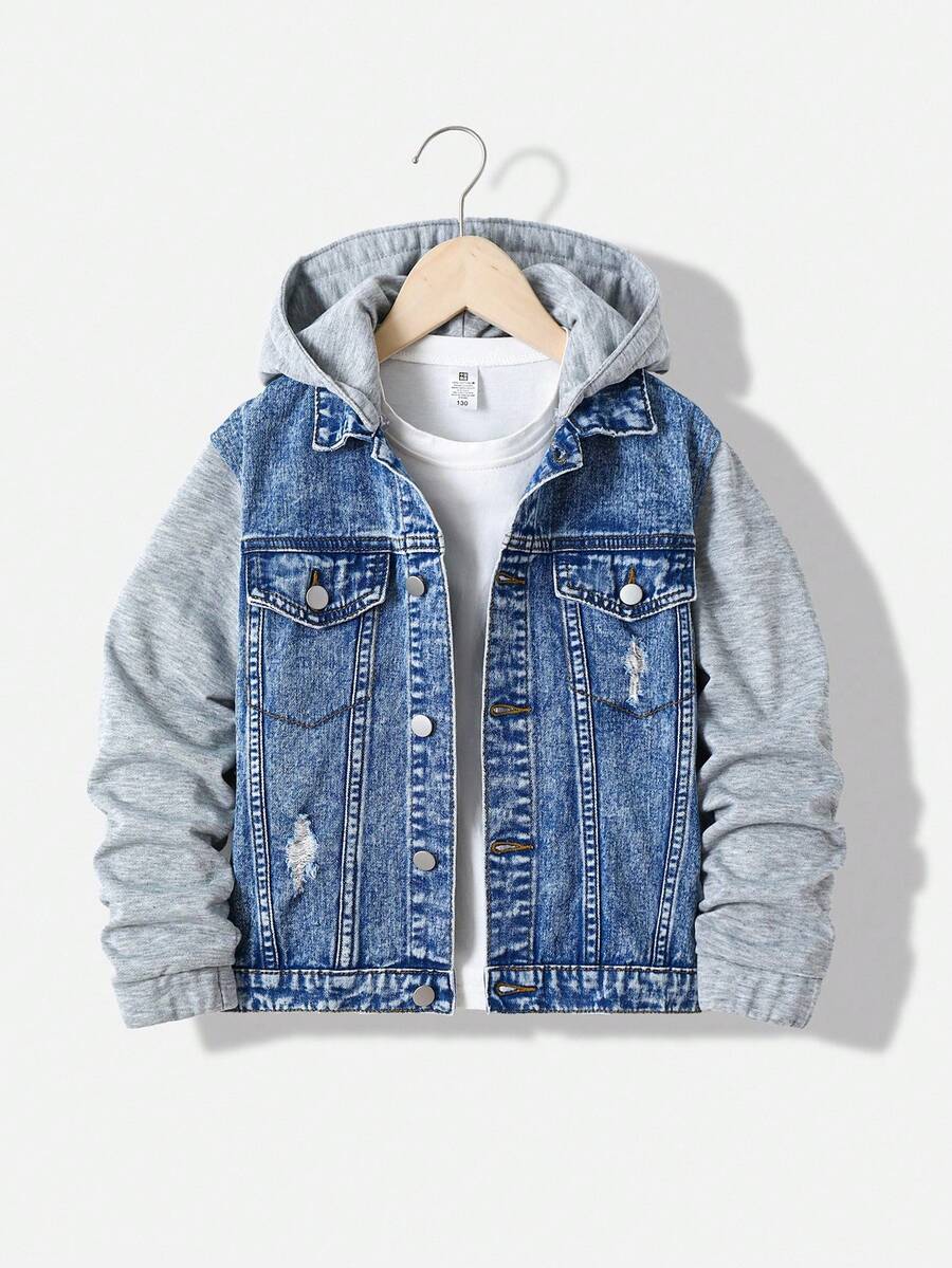 SHEIN Explorewe Denimly Boys' Casual Daily Urban Street Hoodie Fabric Patchwork Design Detachable Hood, Simple & Comfortable Washed Denim Jacket Fall Winter