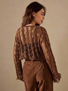 Wildy Fall Country Chic Winter Halloween Women's Casual Bohemian Hollow Out Long Sleeve Sweater Y2k Tops Boho Women Brown Western Wear Bohemian Airport Fall Sweater - Chocolate Brown - View 2