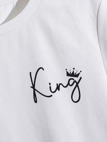 SHEIN Tween-Jungen Pyjama-Set mit Rundhalsausschnitt, kurzen Ärmeln und T-Shirt mit Buchstabenmuster und karierter Hose