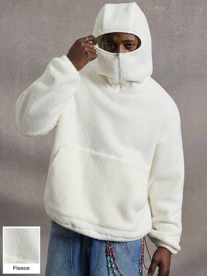 PAVTROS Manfinity Streetrush Men's Cropped Solid Color Minimalist Casual Zip-Up Hoodie, White Sherpa Fleece Fabric With Windproof Hood And Drawstring Hem,Streetwear For Autumn And Winter, Halloween Clothing, INS Streetwear, Unisex Style, Rapper Clothing, Men Clothes, Men Hoodies, Boy Friend Gifts Hoody For Men