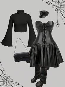 SHEIN MOD 大码黑色皮革系带迷你连衣裙 - 黑色 - 查看 1