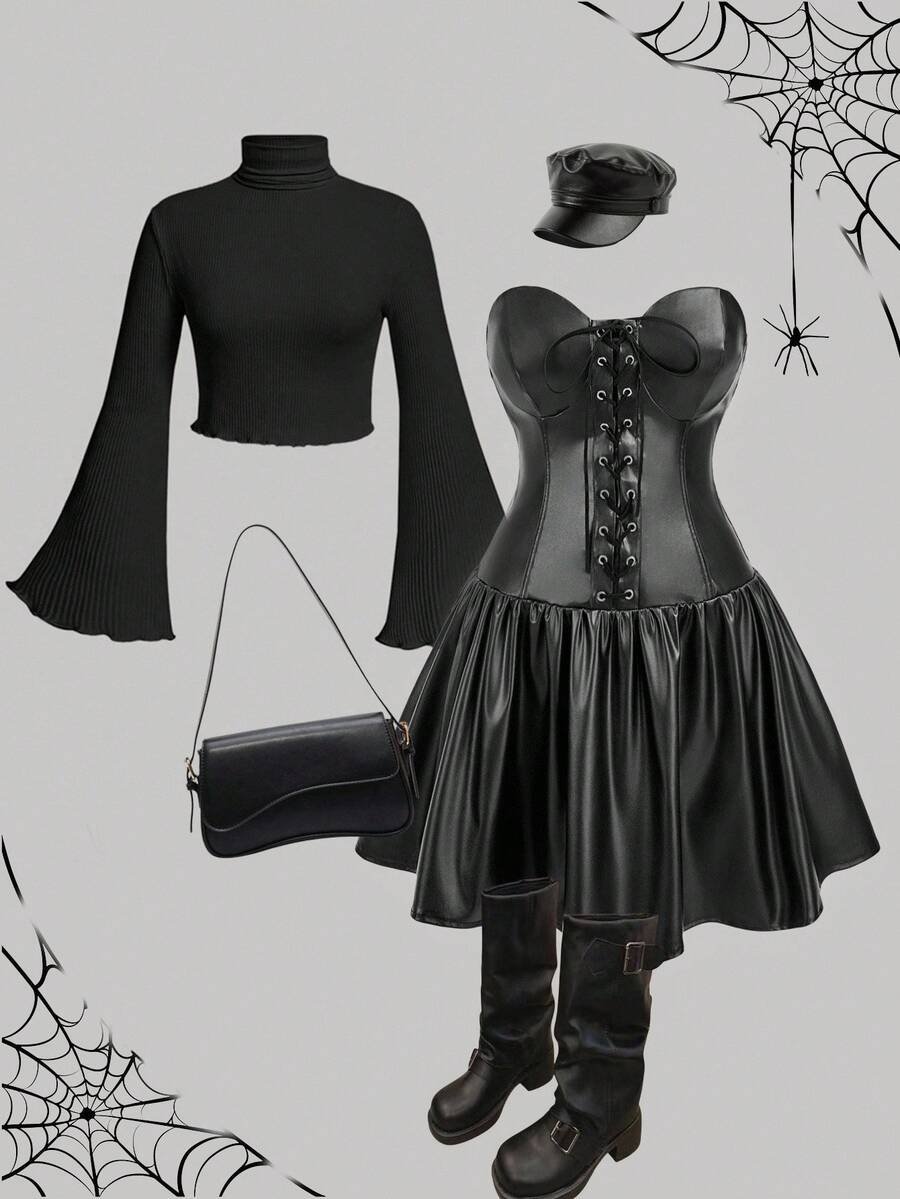 SHEIN MOD 大码黑色皮革系带迷你连衣裙 - 黑色 - 查看 1