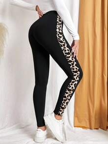 SHEIN Teen Girl Black Leopard Pattern Patchwork Casual Knit Leggings