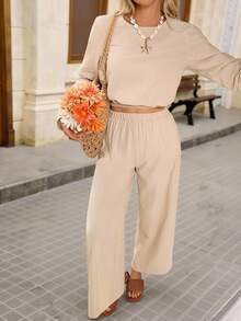 Brillora Autumn And Winter Outdoor Holiday Date Outfits, Autumn And Winter Outdoor Vacation Crew-Neck Long-Sleeved Shirts And Loose Wide-Leg Pants With High Slit Pants For Women, Summer Beach Outfits For Holidays, School Uniforms, Very Simple Outfits, Women's Country Outfits, Office Wear, Old Money Wear, Teacher Wear, Date Wear, Graduation Season, Women's Suits - Apricot - View 3