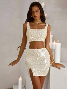 Vowa Vestido ajustado de dos piezas de mini longitud con lentejuelas lujoso, elegante, sexy, apropiado para fiestas, vacaciones, citas románticas y bodas.