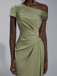 Elitara 优雅奢华缎面褶饰露肩美人鱼裙，适合婚礼、派对、度假、庆典、伴娘礼服