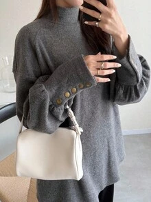 FRIFUL Kaos Wanita Kerah Tinggi Lengan Longgar Kancing Logam Dekorasi Manset Tinggi Berkualitas, Atasan Lengan Panjang Musim Gugur - Grey - View 5