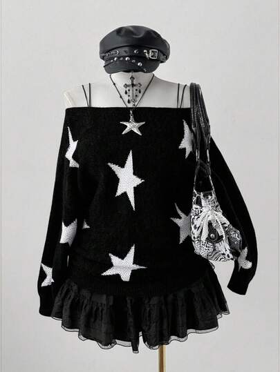 Sunspun Plus Size Women Y2K Streetwear Pentagram Jacquard Knit Pullover Sweater,Black White,Fall Winter,Elegant,Goth,Night,Loose Boat Neck Batwing Sleeve Top