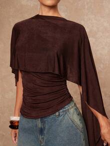 Lumalex Fall Winter Gathering Party Banquet Modest Old Money Coquette Glitter Holiday Party Rave Festival Outing Vacation Hot Outdoor Richly Layered Wedding Season Banquet Coming Of Age Ceremony Asymmetric Neck Ruched Fitted Women Blouse,Brown Top ID Al-Adha Al-Adha Party - Coffee Brown - View 5