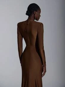 Elitara Elegant & Millennium Futuristic Chocolate Brown Knit Zipper Dress,Hollow Chest Cups,Long Sleeves,Pleated Waist,Slit Hem,Formal Evening Gala Gown - Coffee Brown - View 6