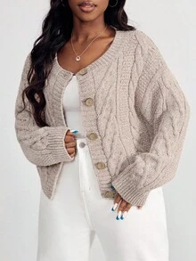 SHEIN PETITE CURVE Cardigan ample à col rond et manches longues, couleur unie, grande taille, automne/hiver - Tabac - Voir 3