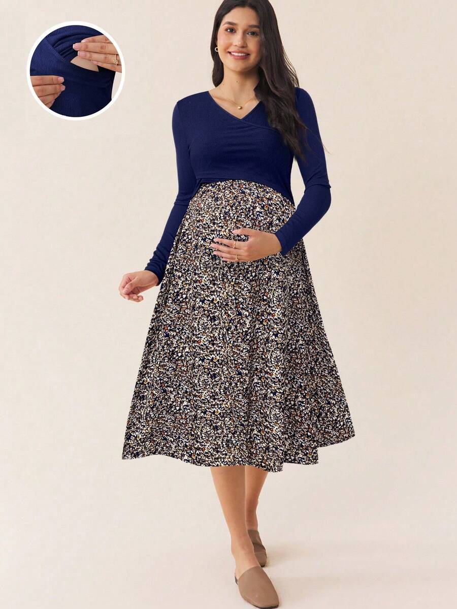 SHEIN 秋装,秋季服装,孕妇秋冬装孕妇纯色花卉印花拼接哺乳连衣裙,秋季孕妇装哺乳连衣裙孕妇装蓝色连衣裙 - 藏蓝色 - 查看 1
