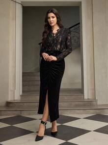 ZEYLAH Vestido maxi elegante con cuello en V, manga larga, parches de encaje y terciopelo, otoño/invierno - Negro - Ver 4