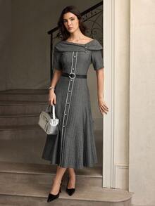 ZEYLAH Váy Maxi xòe trễ vai, eo cao, thanh lịch - Xám - Xem 5