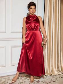 Cravure Rochie maxi din satin solid, fără mâneci, cu decolteu în V, pentru femei, mărime mare, potrivită pentru festivaluri, gale, întâlniri, ocazii formale - Burgundia - Vizualizare 6