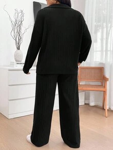 SHEIN CURVE+ Bộ 2 quần thường ngày có túi và áo nỉ cổ tròn in họa tiết da báo cỡ lớn - màu đen - Xem 2