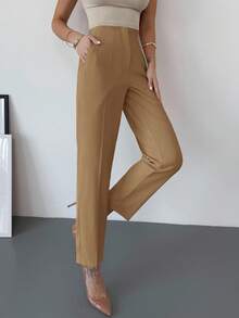 Firerie 女士优雅简约高腰口袋拉链修身杏色九分裤，适合通勤、办公室和日常穿着 - 卡其色 - 查看 4