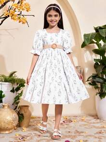 Tween Girl Floral Print Puff Sleeve Ruffle Hem Dress - White - View 4
