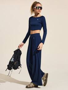 Easithlete Women's Round Neck Raglan Sleeve Long Sleeve Cropped T-Shirt And Pants Casual Versatile Yoga Outdoor Suit - Navy Blue - View 1