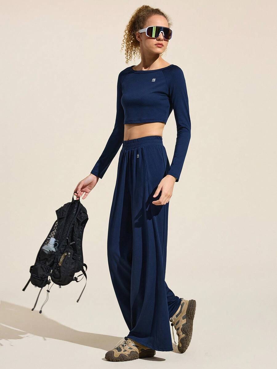 Easithlete Women's Round Neck Raglan Sleeve Long Sleeve Cropped T-Shirt And Pants Casual Versatile Yoga Outdoor Suit - Navy Blue - View 1