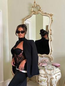 SHEIN SXY Lace Patchwork Halter Sexy Bodysuit, Black See Through , Black Lace Bodysuit,Party ,Going Out,Lace,Corset,Halloween,Club Outfits Women Sexy, Y2k,Date Night Dress