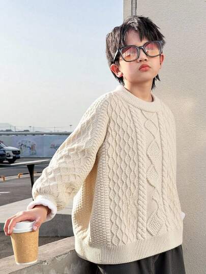 SHEIN Tween Boy Casual Korean Style Textured White Crew Neck Sweater, Versatile For Commute, School, Daily Casual Wear, Suitable For Sports, Autumn/Winter Season,Kids' Back To School, Boys Textured Sweater, Knit Sweater Fall