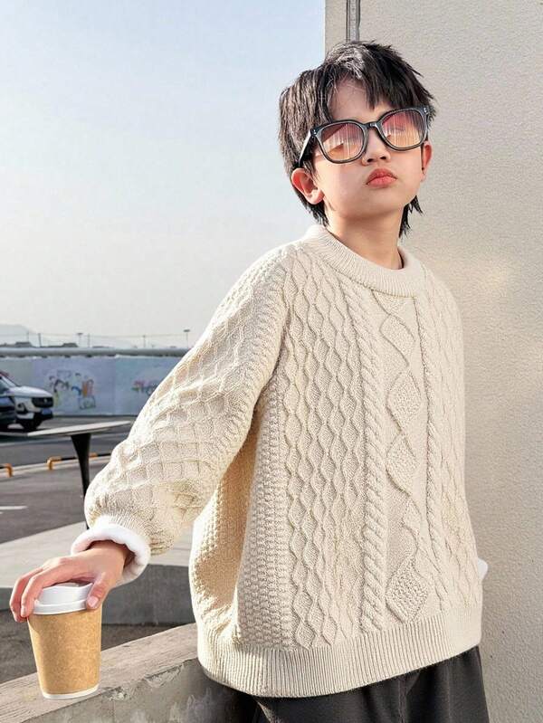 SHEIN Tween Boy Casual Korean Style Textured White Crew Neck Sweater, Versatile For Commute, School, Daily Casual Wear, Suitable For Sports, Autumn/Winter Season,Kids' Back To School, Boys Textured Sweater, Knit Sweater Fall