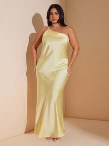 SHEIN BAE Váy cưới satin trơn màu vàng kem cỡ lớn, cổ khoét sâu hở lưng, buộc dây, sang trọng cho khách dự tiệc cưới, kỳ nghỉ ở bãi biển - Màu vàng - Xem 4