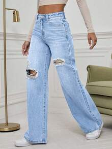 EMERY ROSE Washed Denim Blue High Waist Ripped Wide Leg Jeans