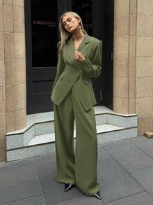 Aloruh Bộ vest blazer và quần âu cơ bản dành cho nữ, mặc đi làm và mặc hàng ngày, mùa thu - Màu xanh Ô liu - Xem 3