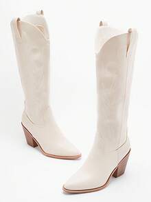 Solezae Glamorous Women's Western Style Faux Leather Pointed Toe Block Heel Embroidered Cowboy Boots Rodeo Holiday Fun Comfort Shoe - White - View 6