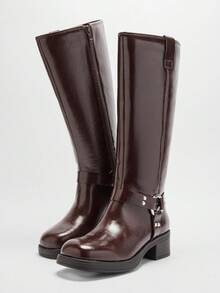 Solezae Giày bốt chiến đấu đế vuông thời trang ấm áp mùa đông cho nữ, cao đến giữa bắp chân, có quai và phụ kiện trang trí - màu nâu - Xem 6