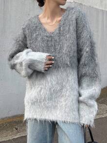 FRIFUL Women's V-Neck Ombre Fluffy Loose Fit Casual Pullover Sweater, Thickened And Thermal Lined - Grey - View 6