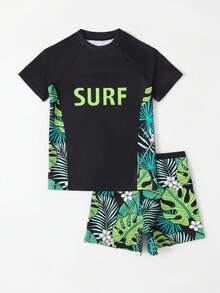 Tween Boy Tropical Print & Letter Graphic Raglan Sleeve Swimsuit Boys Big Kids (8-14 Years) 2-Piece Swim Set: Short Sleeve "SURF" Neon Green Rash Guard T-Shirt & Tropical Leaf Print Beach Shorts Quick Dry UPF 50+ Swim Trunks For Beach Surfing Boys Outfit Sets - Multicolor - View 6