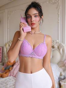 PetitDoll 1pc Lace Bow Supportive Solid Color Comfortable Underwire Bra For Women - Pink - View 3