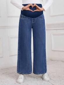 SHEIN Maternity Winter High Waist Wide Leg Loose Casual Versatile Jeans - Medium Wash - View 3