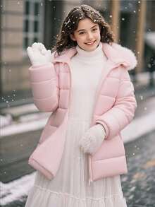 SHEIN 女孩冬季连帽棉服夹克，长袖泰迪熊毛绒内衬，绗缝渐变格纹图案，中长款棉质外套，时尚百搭，搭配裤子、运动裤、连体裤、运动衫、连帽衫、粉色连帽仿皮草装饰中长款棉质外套 - 粉色 - 查看 4