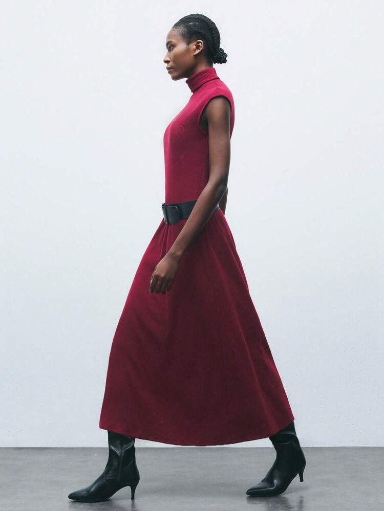 SHEIN Maija Vestido de punto acanalado de manga larga con hombros caídos en color vino tinto, estilo urbano moderno para mujer, otoño