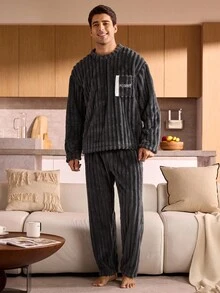 男士抓绒圆领口袋卫衣裤睡衣套装，秋冬装，蓬松舒适