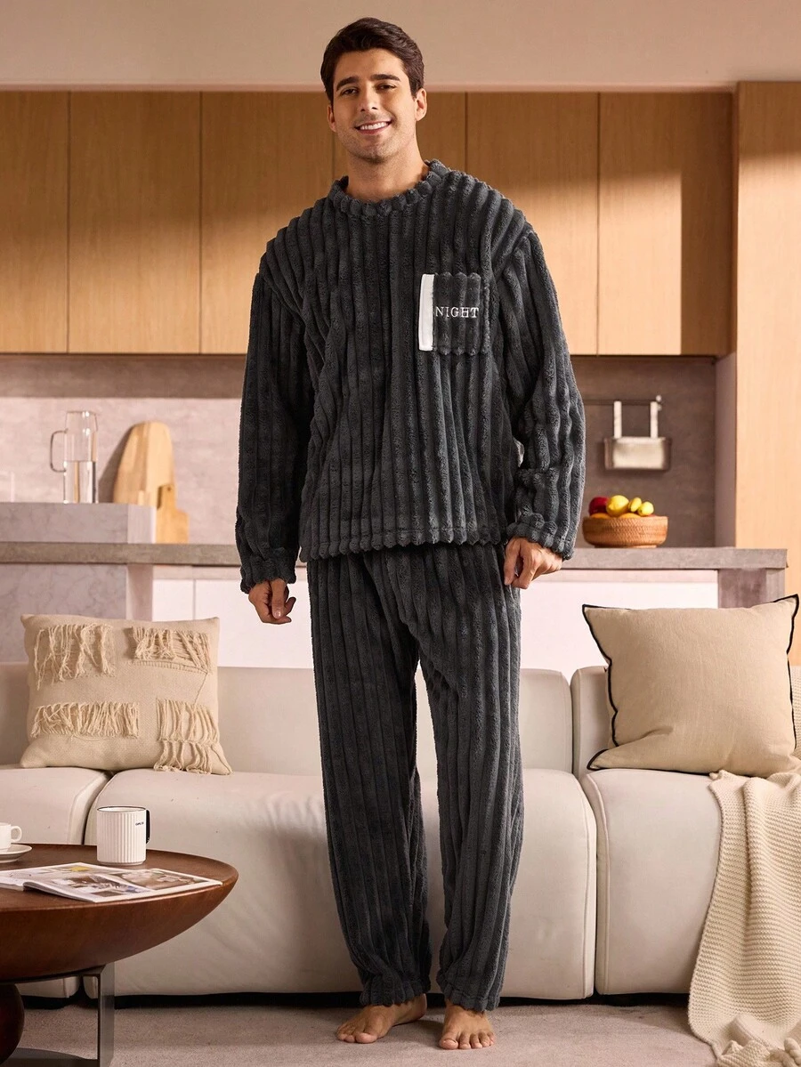 男士抓绒圆领口袋卫衣裤睡衣套装，秋冬装，蓬松舒适