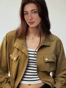 Maija 2025 橄榄绿高领金属纽扣设计女式初秋风衣棕色夹克女式春季夹克女式短袖外套女式夏季夹克女式工装夹克 - 橄欖綠 - 查看 5