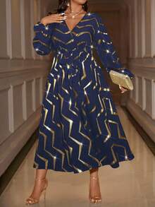Cravure Vestido largo con cuello en V cruzado, cintura recogida, mangas farol, estampado aleatorio con lámina, cintura con lazo para mujer - Azul Marino - Ver 3
