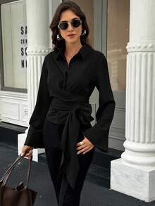 EMERY ROSE Women's Solid Color Twist Shoulder Long Sleeve Casual Versatile Blouse - Black - View 5