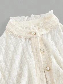 SHEIN MOD Women's Stand Collar Lace Fitted Puff Sleeve Blouse,Cream White,Summer,70s Retro,Elegant,Party,Fall/Winter Thanksgiving Halloween Costume,Vintage Top - Apricot - View 4