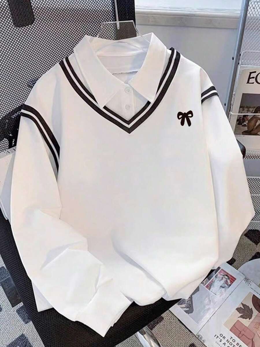 Resyla 大码女式拼色领运动休闲运动衫，学院风上衣 - 白色 - 查看 1