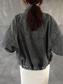 FRIFUL 女士纯色拉链长袖牛仔外套连帽衫 - 黑色 - 查看 3