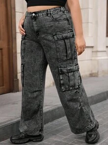 SHEIN Unity Jeans cargo de pierna ancha, corte holgado y talla grande - Negro - Ver 5