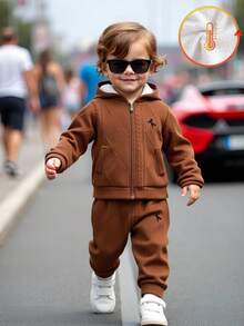 2pcs/Set Toddler Boys Autumn/Winter Wheat Ear Jacquard Plush Zip-Up Hoodie Jacket & Fleece Pants Set,Shades Of Brown,Autumn,Modest,Date,Versatile Warm - Brown - View 3